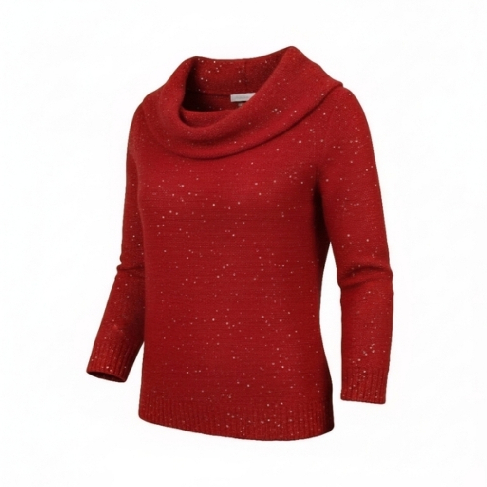 Madison Red Sequin Cowl Neck Sweater Small 3/4 Sleeves Pullover - Picture 6 of 16